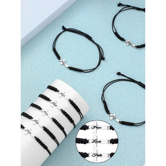 48 Black Christian Friendship Bracelets Array Faith Hope Love Adjustable Cross R - Picture 2 of 6
